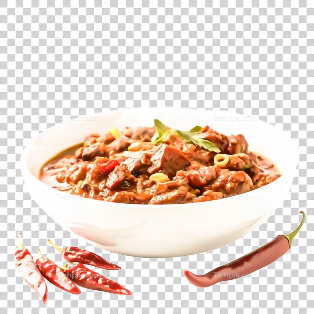 عکس دوربری خورشت تند گوشت قرمز با فلفل چیلی در ظرف زیبا