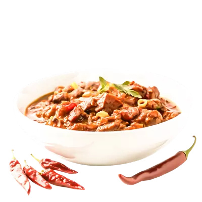 عکس دوربری خورشت تند گوشت قرمز با فلفل چیلی در ظرف زیبا