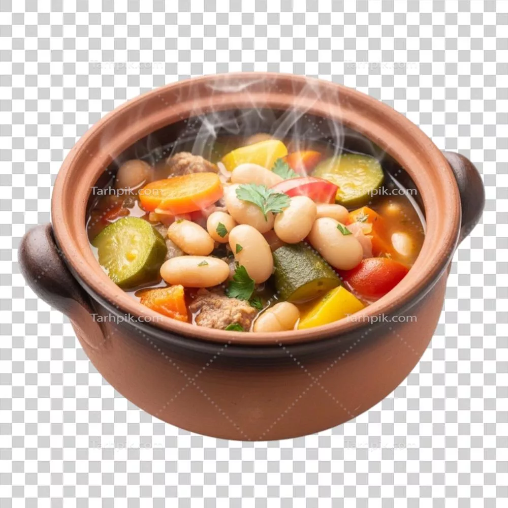 عکس دوربری خوراکی خوشمزه و سالم از خورشت لوبیا و سبزیجات در ظرف سفالی قدیمی