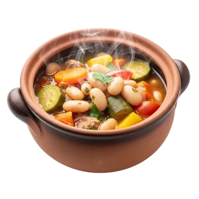 عکس دوربری خوراکی خوشمزه و سالم از خورشت لوبیا و سبزیجات در ظرف سفالی قدیمی