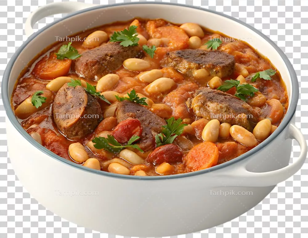 عکس دوربری تصویر آرتیسان از کاسول و سوسیسها و حبوبات خوشمزه و مقوی
