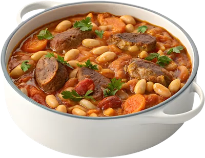 عکس دوربری تصویر آرتیسان از کاسول و سوسیسها و حبوبات خوشمزه و مقوی
