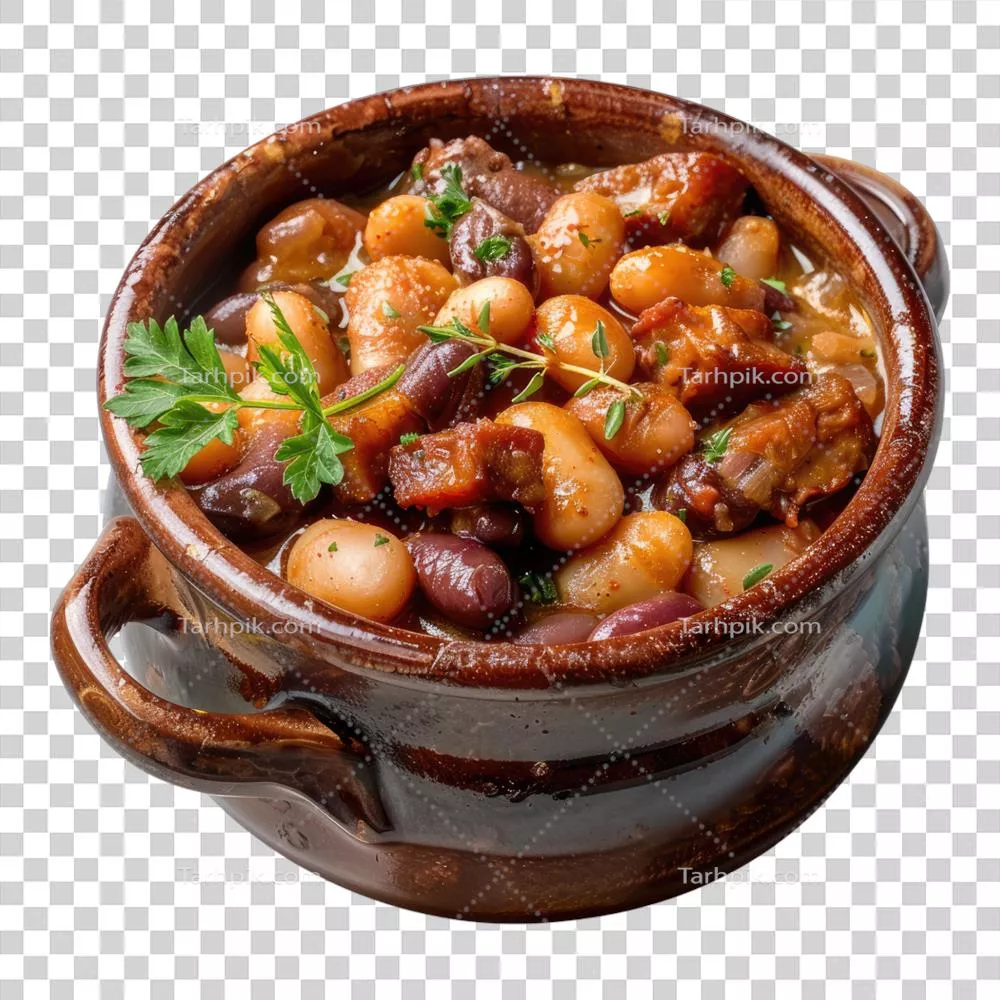 عکس دوربری خوراکی خوشمزه شامل خوراک گوشت و حبوبات با جعفری تازه