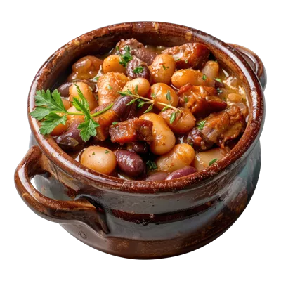 عکس دوربری خوراکی خوشمزه شامل خوراک گوشت و حبوبات با جعفری تازه