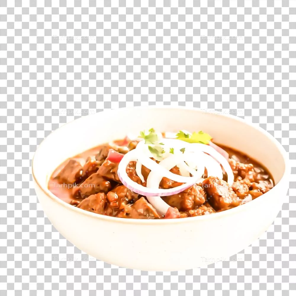 عکس دوربری خورش گوشت خوشمزه با پیاز قرمز و گارنیش گشنیز در کاسه
