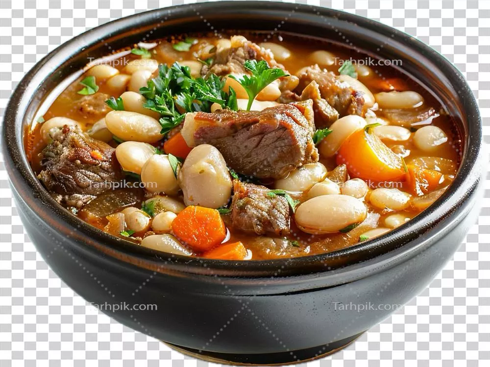 عکس دوربری خورشت گوشت قرمز خوشمزه با لوبیا سفید و سبزیجات متنوع