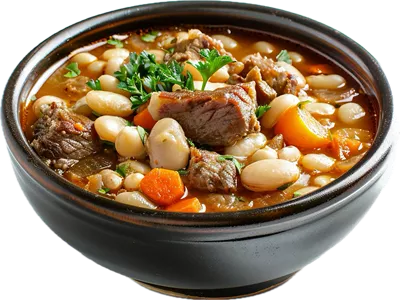عکس دوربری خورشت گوشت قرمز خوشمزه با لوبیا سفید و سبزیجات متنوع