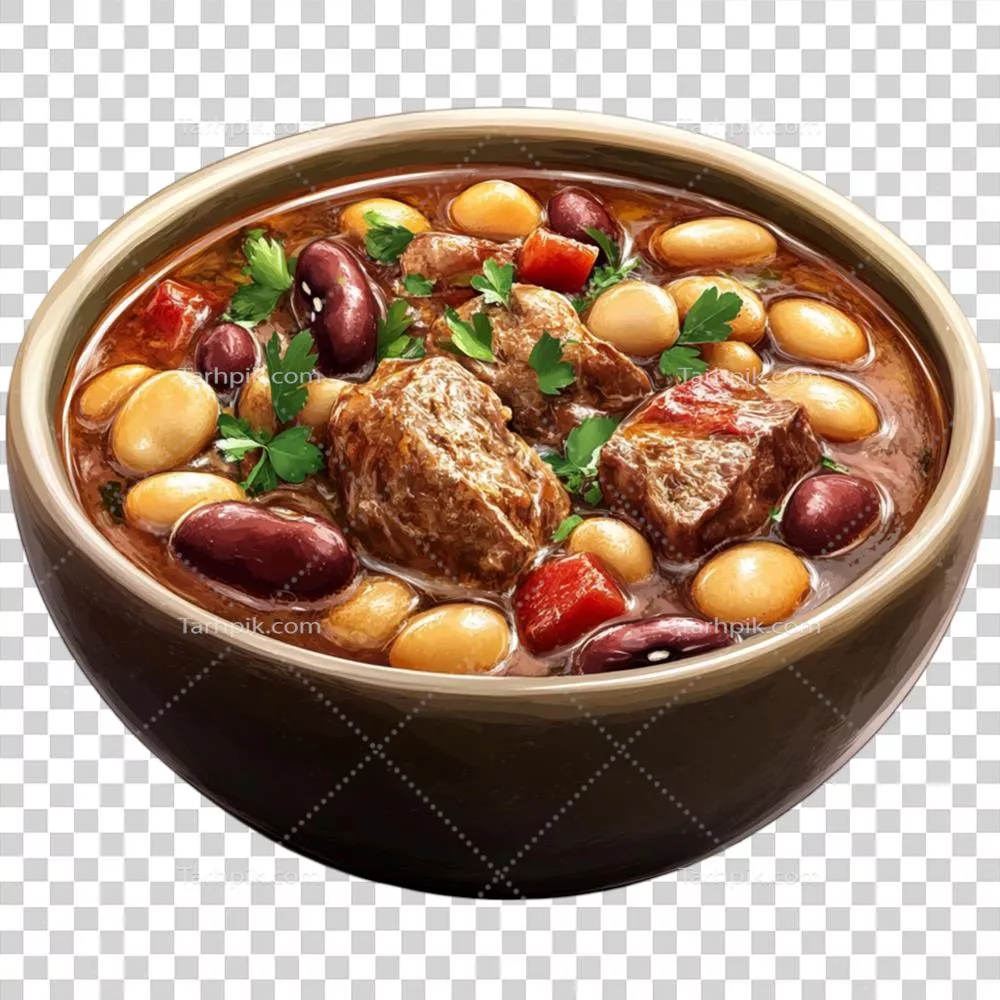 عکس دوربری یک کاسه خورشت خوشمزه با گوشت و لوبیا برای لذیذترین وعده غذایی