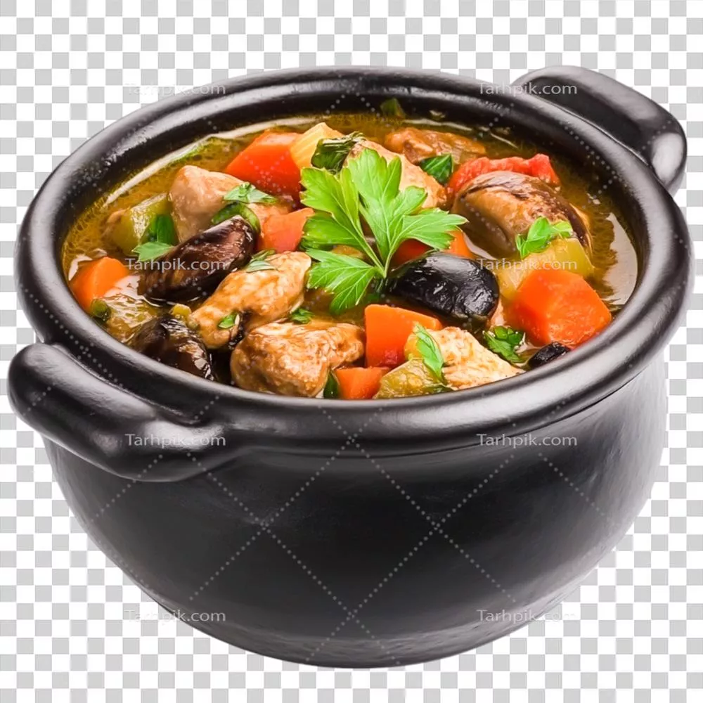 عکس دوربری خورش خانگی خوشمزه در دیگ سیاه با سبزیجات تازه و گیاهان معطر