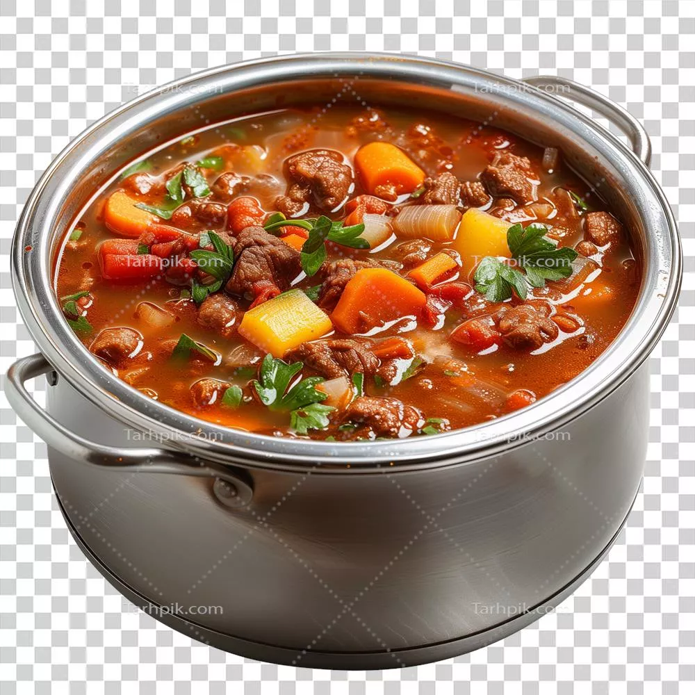 عکس دوربری بستری شفاف از سوپ سبزیجات و گوشت گاو به صورت تولید شده با هوش مصنوعی
