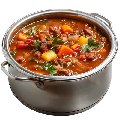 عکس دوربری بستری شفاف از سوپ سبزیجات و گوشت گاو به صورت تولید شده با هوش مصنوعی