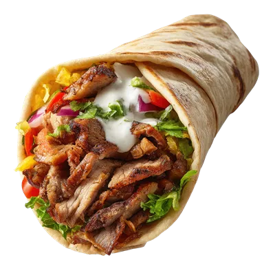 عکس دوربری سیخ کباب لذیذ با سبزیجات تازه در پسزمینه سفید و شفاف