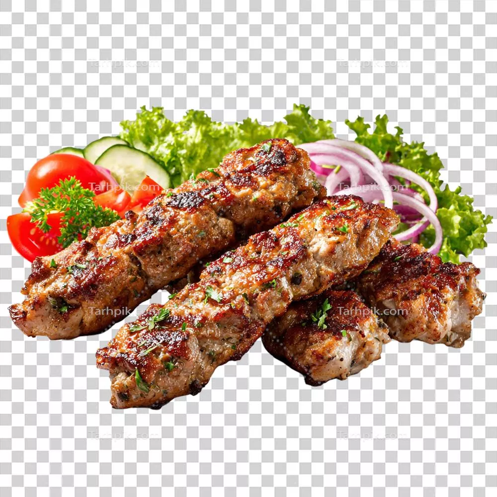 عکس دوربری کباب لوله کبابی خوشمزه همراه با سبزیجات تازه در پس زمینه شفاف