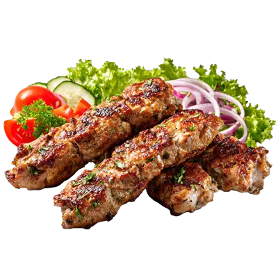 عکس دوربری کباب لوله کبابی خوشمزه همراه با سبزیجات تازه در پس زمینه شفاف