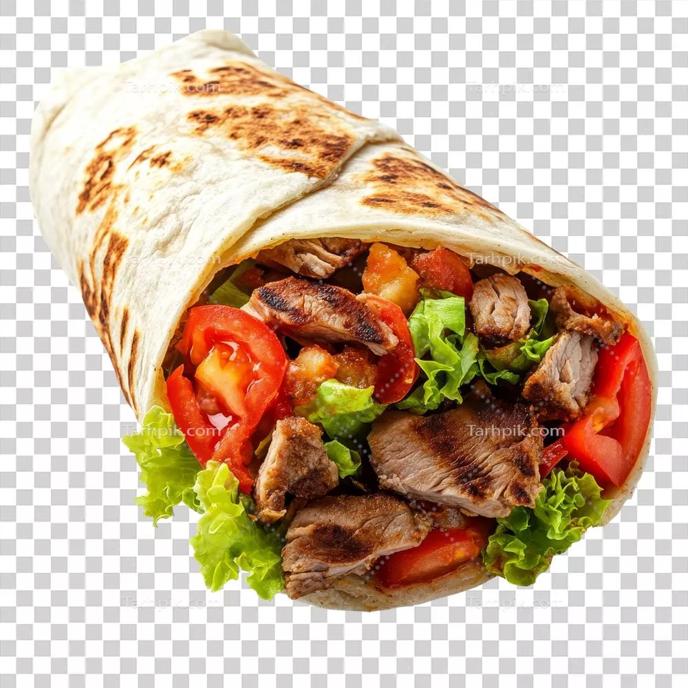 عکس دوربری لذت بردن از شاورمای تازه با گوشتی آبدار و سبزیجات ترد در پس زمینه شفاف