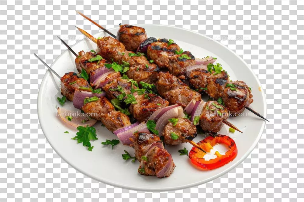 عکس دوربری کباب کبابی روی بشقاب سفید مجزا بر روی پسزمینه شفاف