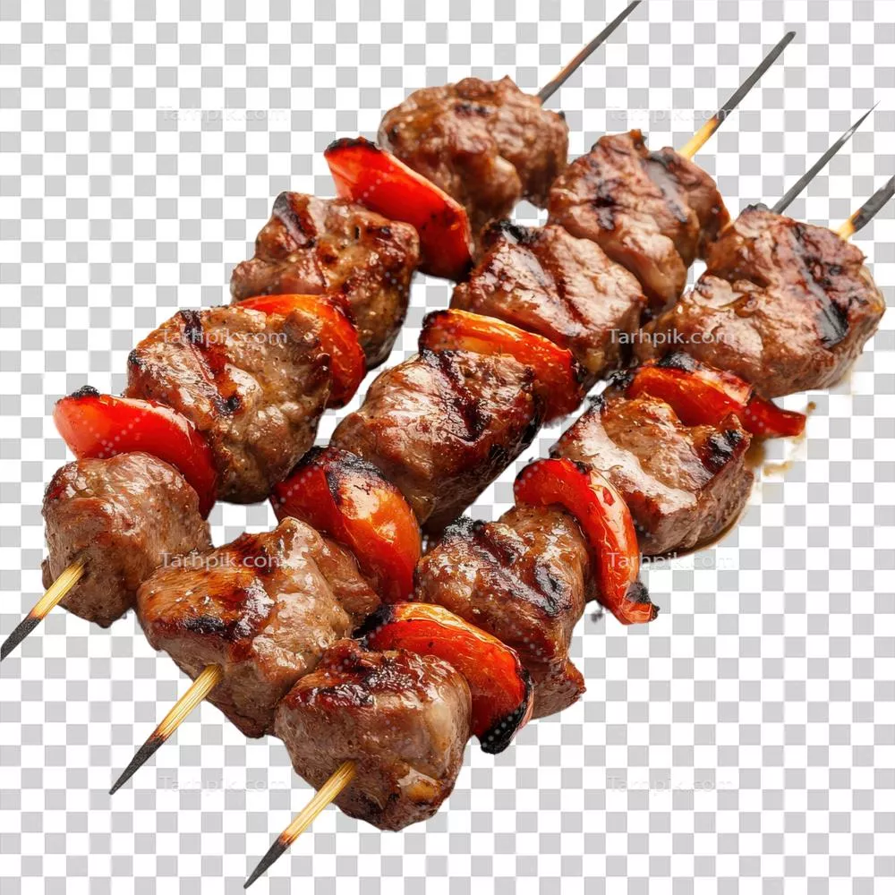عکس دوربری سیخ کباب خوشمزه با مارینه به صورت جداگانه روی پسزمینه شفاف