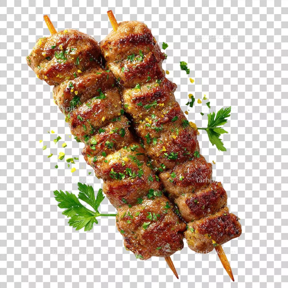 عکس دوربری سیخ کباب گریل شده خوشمزه با تزئین جعفری تازه بر روی پس زمینه شفاف
