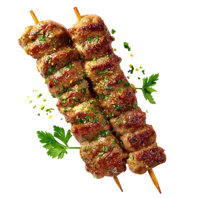 عکس دوربری سیخ کباب گریل شده خوشمزه با تزئین جعفری تازه بر روی پس زمینه شفاف