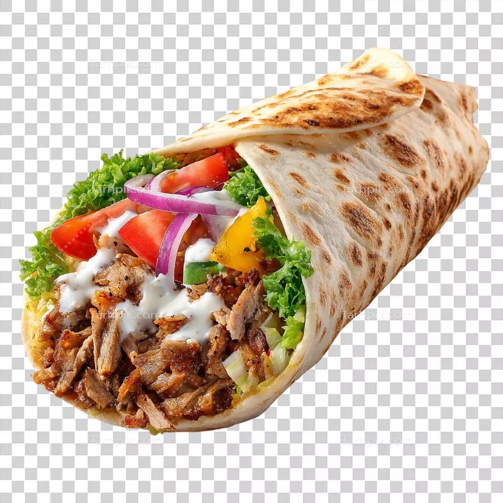 عکس دوربری دونر کباب خوشمزه با سبزیجات تازه در پسزمینه شفاف