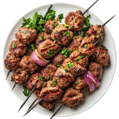 عکس دوربری کباب لذیذ از گوشت بره بر روی پسزمینه شفاف و دلپذیر