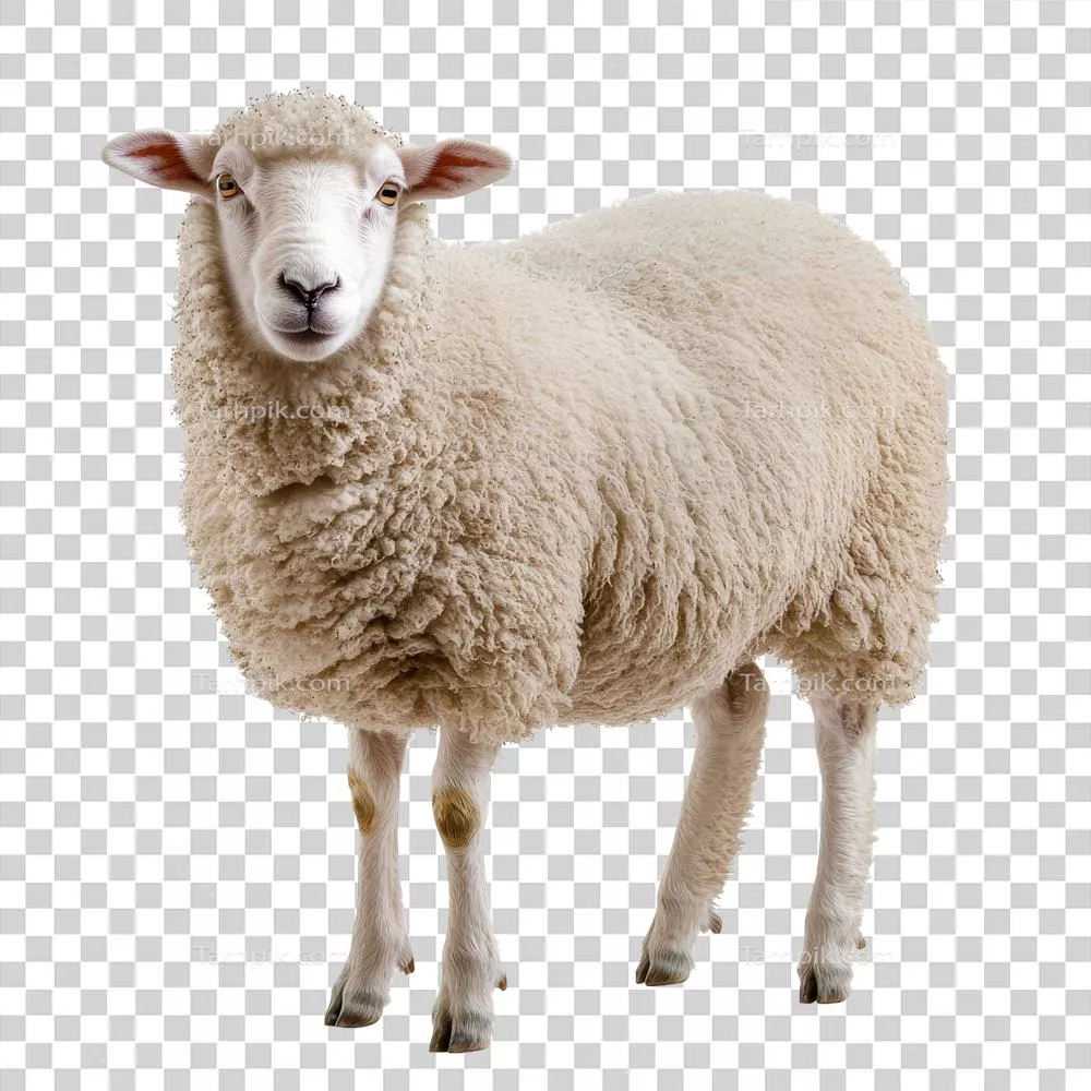 عکس دوربری بره ی نرم و پشمالو در برابر پس زمینه شفاف ایستاده است، نمایانگر پشم لطیف و خلق و خوی آرام آن