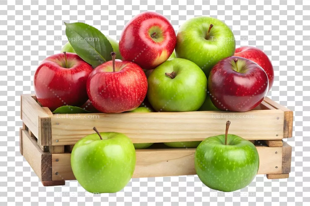 عکس دوربری سیبهای تازه در جعبه چوبی: نمایش میوههای قرمز و سبز