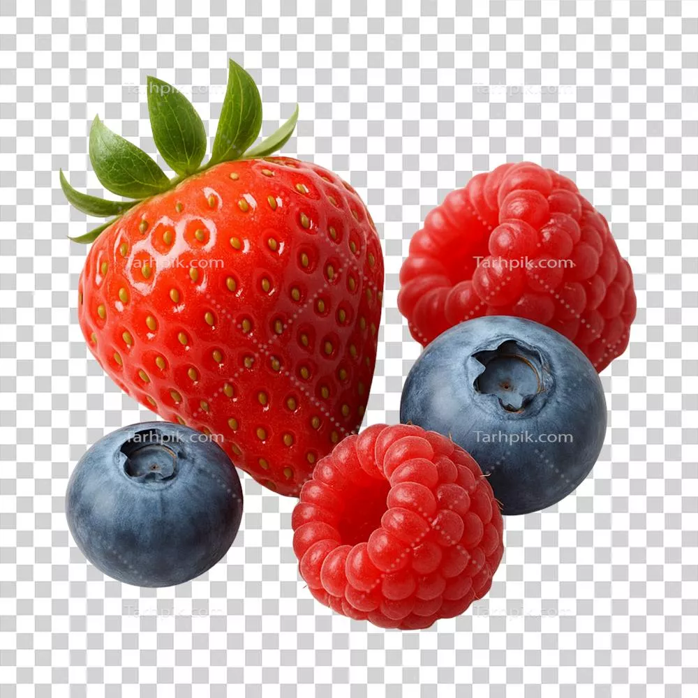 عکس دوربری مجموعه میوههای تازه توتفرنگی، توتز blueberries و توتسیاهانی بر روی پسزمینه شفاف