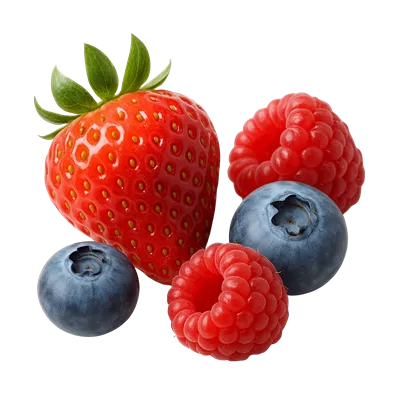 عکس دوربری مجموعه میوههای تازه توتفرنگی، توتز blueberries و توتسیاهانی بر روی پسزمینه شفاف
