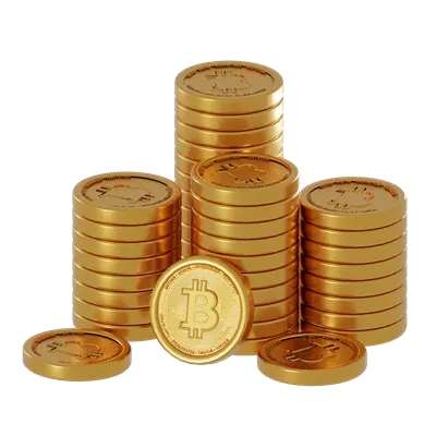 عکس دوربری تجسم سهبعدی از پسزمینه سفید و سکههای بیتکوین در فناوری بلاکچین