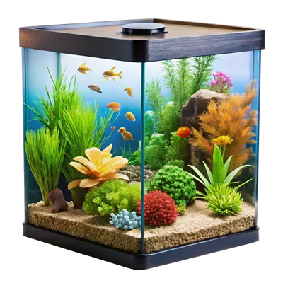 عکس دوربری آکواریوم مدرن خیره کننده با ماهیهای رنگارنگ و گیاهان مصنوعی شاداب