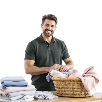 عکس دوربری مردی که در مقابل سبد لباس‌های چرک ایستاده است
