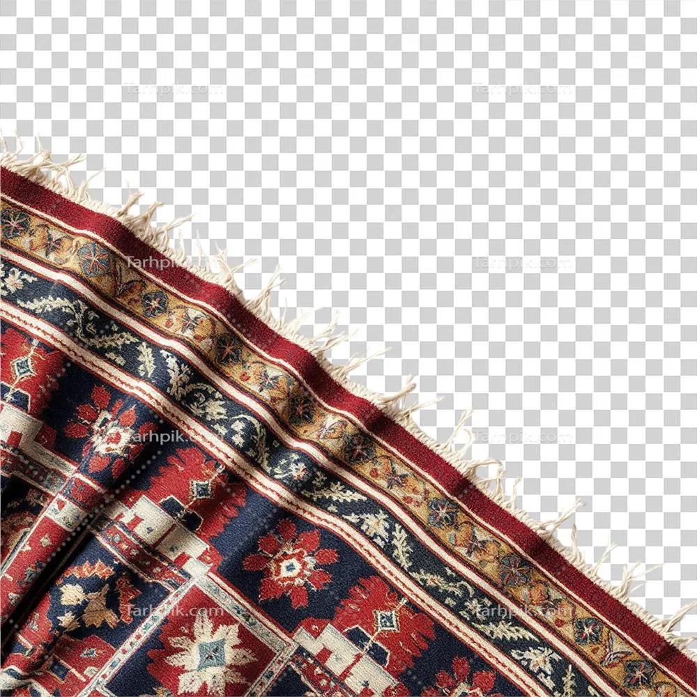عکس دوربری نمای نزدیکی از فرش با طرح قرمز، آبی و سفید با جزئیات برجسته