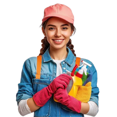 عکس دوربری زن خانهدار جوان و دوستانه با وسایل نظافتی در یک محیط شاداب و زیبا