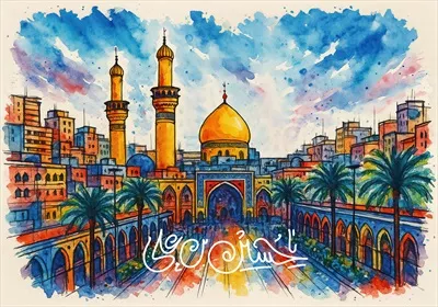 عکس نقاشی آبرنگی حرم امام حسین