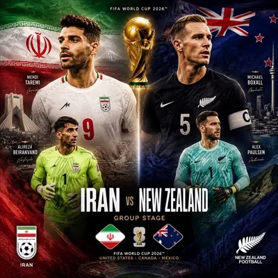عکس پوستر بازی اول ایران در جام جهانی 2026 مقابل نیوزلند با المان های دو کشور ساخته شده با هوش مصنوعی