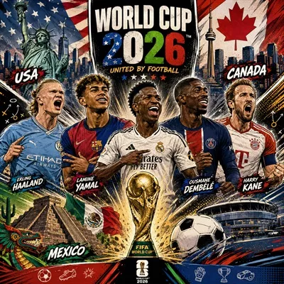عکس پوستر گرافیکی جام جهانی 2026 به سبک کمیک با حضور وینیسیوس، یامال، هالند، کین و دمبله