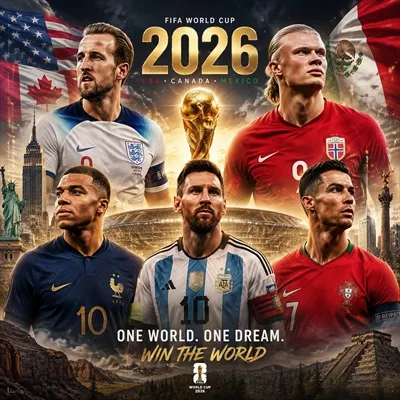 پوستر 5 ستاره بزرگ فوتبال برای جام جهانی 2026 لیونل مسی، کریس رونالدو، هالند، کین و امباپه