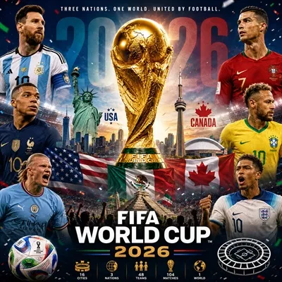 عکس پوستر جام جهانی 2026 با چهره های شاخص فوتبال جهان نظیر رونالدو و مسی