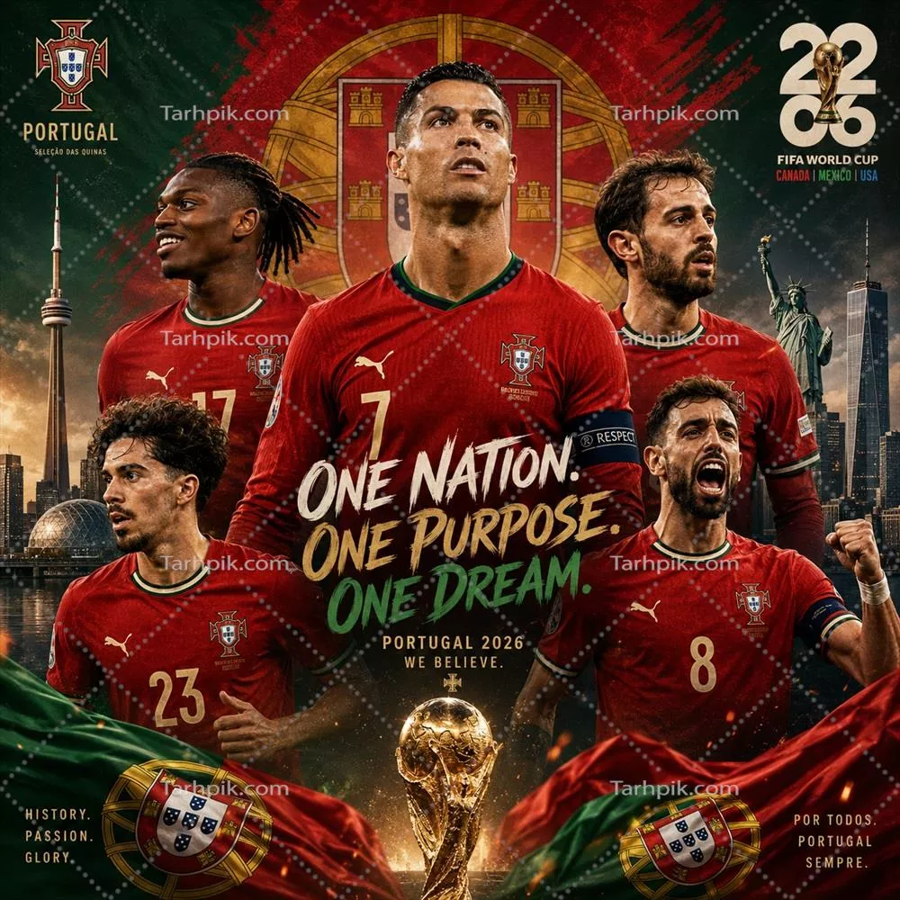 پوستر تیم ملی فوتبال پرتغال برای جام جهانی 2026 با حضور رونالدو، برناردو سیلوا، برونو فرناندس، رافائل لیائو و ویتینیا