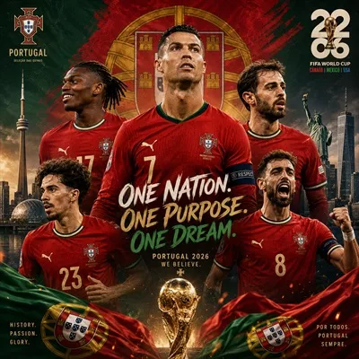 پوستر تیم ملی فوتبال پرتغال برای جام جهانی 2026 با حضور رونالدو، برناردو سیلوا، برونو فرناندس، رافائل لیائو و ویتینیا