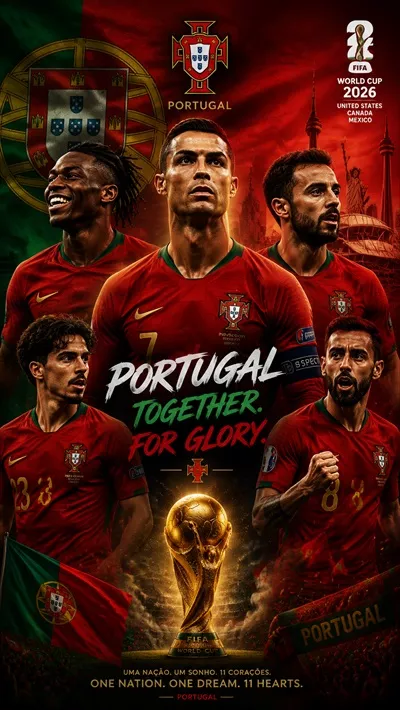 پوستر گرافیکی تیم ملی فوتبال پرتغال برای جام جهانی 2026 با حضور رونالدو، برناردو سیلوا، برونو فرناندس، رافائل لیائو و ویتینیا