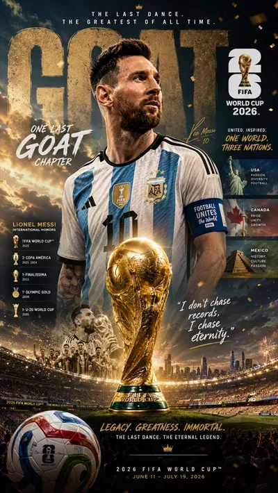 پوستر بهترین بازیکن تاریخ فوتبال جهان لیونل مسی برای جام جهانی 2026 با عنوان اخرین فصل Goat