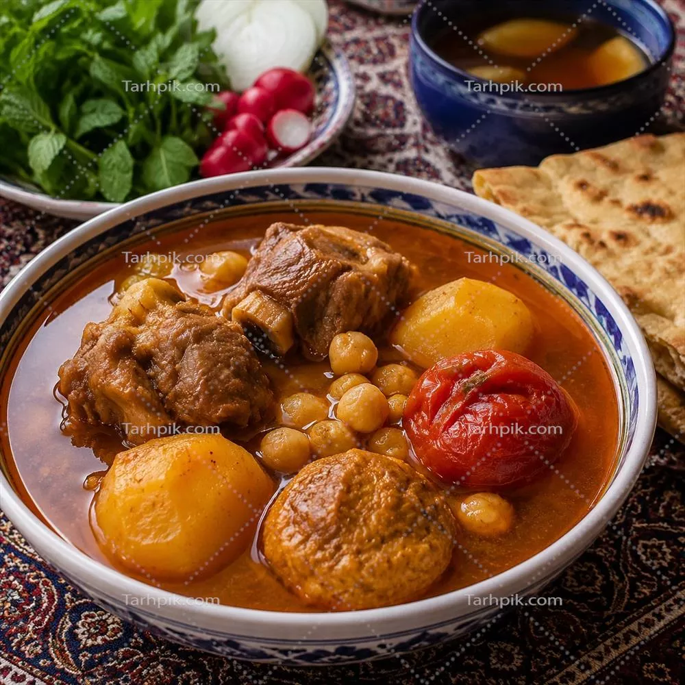 عکس زیبای آبگوشت ایرانی در سفره سنتی و نان سنگک