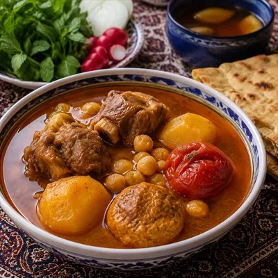 عکس زیبای آبگوشت ایرانی در سفره سنتی و نان سنگک