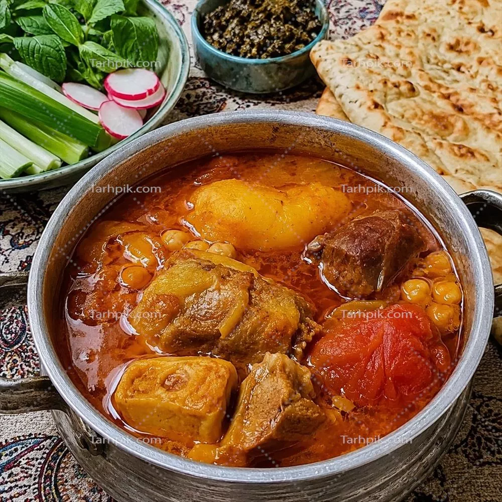 عکس زیبای کاسه آبگوشت ایرانی با سبزی تازه و نان سنگک خوشمزه