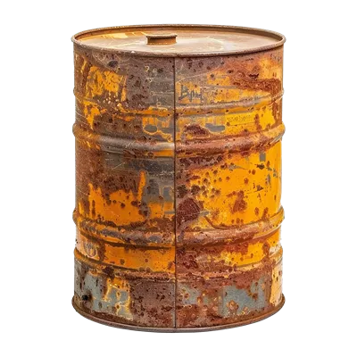 عکس دوربری نمایش یک بشکه روغن زنگ زده با طراحی هوش مصنوعی بر روی پسزمینه شفاف