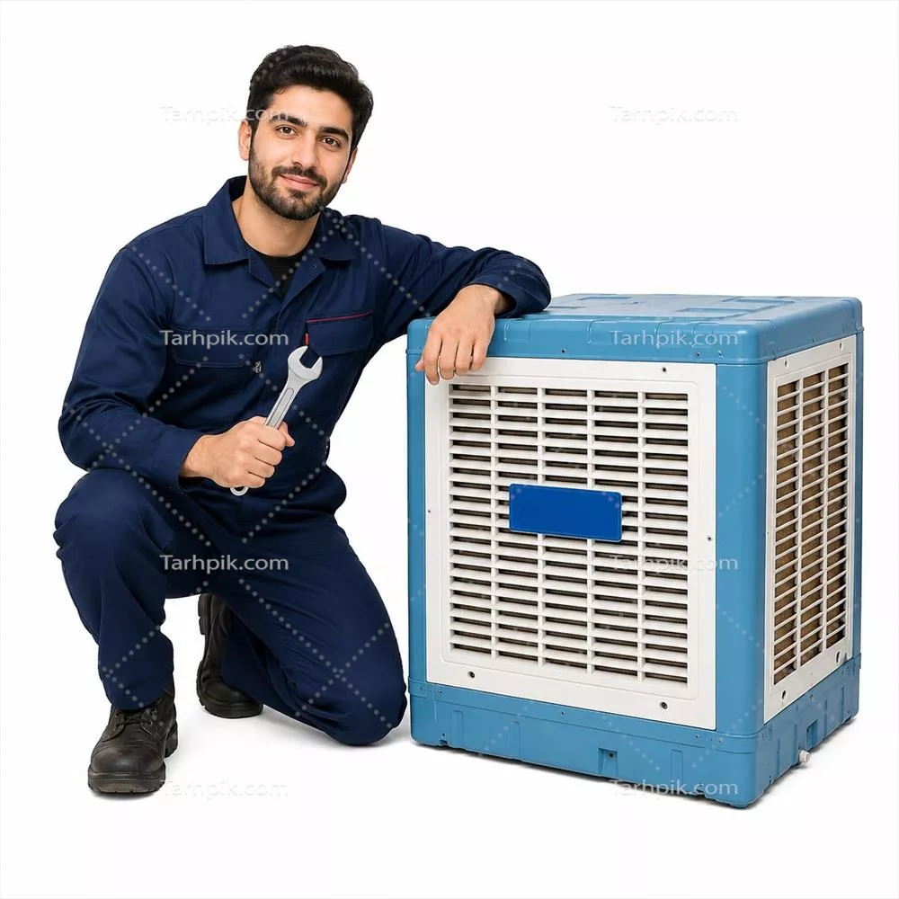 عکس تعمیرکار نشسته کنار کولر آبی
