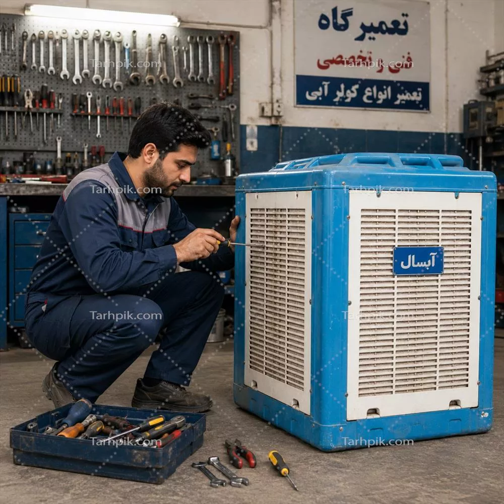 عکس تعمیرکار در حال تعمیر کولر در تعمیرگاه