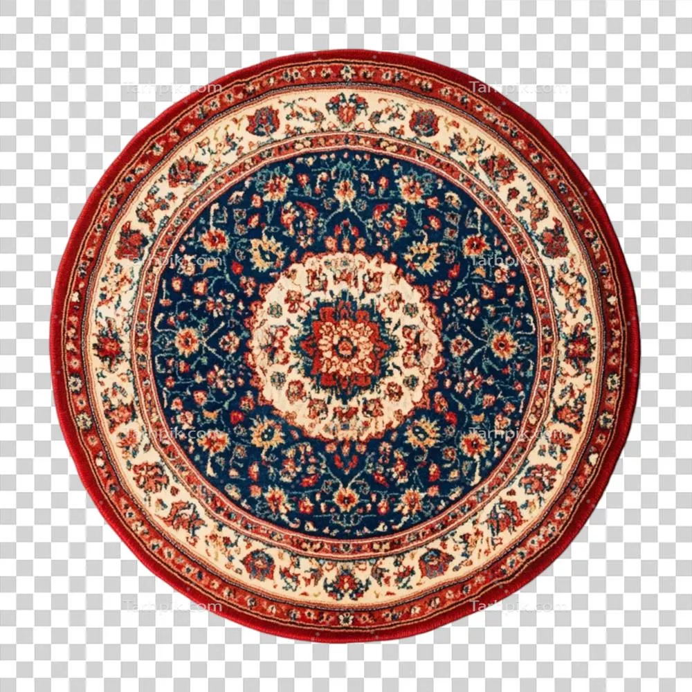 عکس دوربری فرش گرد ایرانی با الگوی گلدار سنتی و زیبا